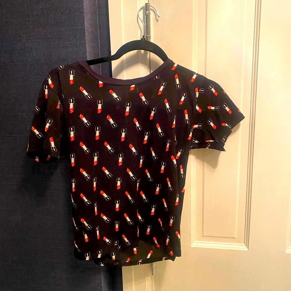 Yves Saint Laurent short sleeve lipstick print cropped t-shirt